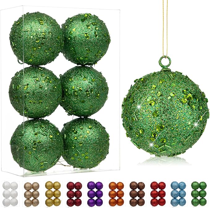 3.15" Large Christmas Balls Ornaments 6 Pcs Shatterproof Big Dark Green Christmas Ornaments for Xmas Tree Bulk Glitter Big Xmas Tree Ornament for Trees Halloween Holiday Wedding Party Decoration