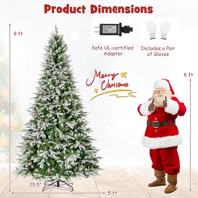 Goplus 9 FT Pre-Lit Artificial Christmas Tree, Snow Flocked Hinged Xmas Tree with 690 Warm-White LED Lights, 1871 Tips, 117 Pine Cones, Lighted Xmas Tree for Office Home Decoration