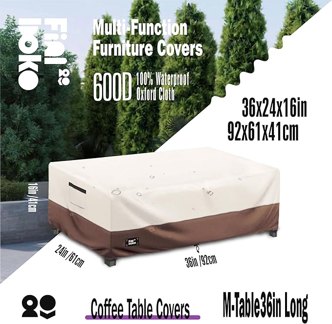 Patio Coffee Table Cover, 42"L x 26"W x 16"H Patio Rectangular Side Table Covers,100% Waterproof 600D Heavy Duty Outdoor Table Cover,Beige&Brow