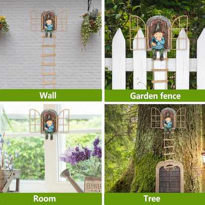 Garden Gnomes Decoration Outdoor Tree Faces Decor with Hanging Ladder for Yard, Elf Out The Door Tree Hugger Resin Garden Sculpture Peeker Yard Art Ornament Whimsical Gnome Decor for Patio Yard Lawn
