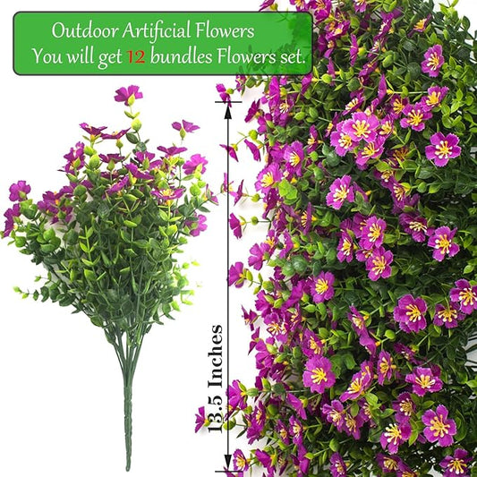 Outdoor Artificial Flowers UV Resistant & Fade Proof, 12 Pack Realistic Fake Flowers for Garden, Patio, Lawn Decor - Weatherproof Plastic Plants (Magenta)