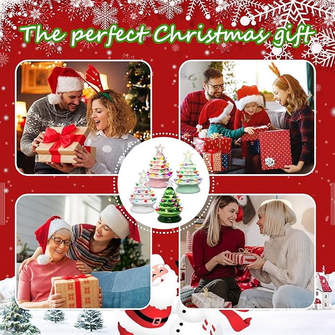 5" Mini Ceramic Christmas Trees Set of 4 with Light, Small Tabletop Vintage Lighted Battery Operated Ceramic Christmas Tree for Home Office Table Holiday Decorations