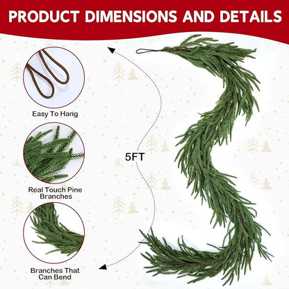 Faux Norfolk Pine Christmas Garland – Real Touch Greenery Artificial Cedar Christmas Garland for Fireplace Mantel, Staircase, Door Frame, Holiday Indoor Winter Décor (5FT)
