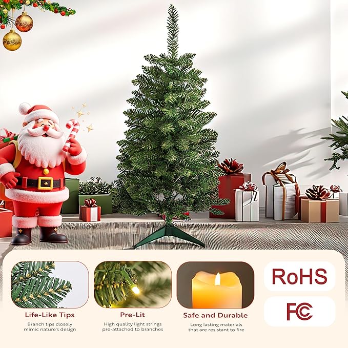 3FT Christmas Tree for Tabletop in Green– Mini Xmas Tree with 163 Branch Tips, Foldable Metal Base, Easy Assembly – Ideal for Home, Office, Apartment, or Holiday Décor