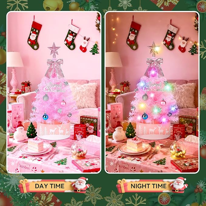 2FT Pre-lit Small Christmas Tree with Lights, Pink Small Christmas Tree with Balls & Star Topper, 3 Lighting Modes Tabletop Xmas Trees for Home, Office, Indoor Decor (Battery Not Included)