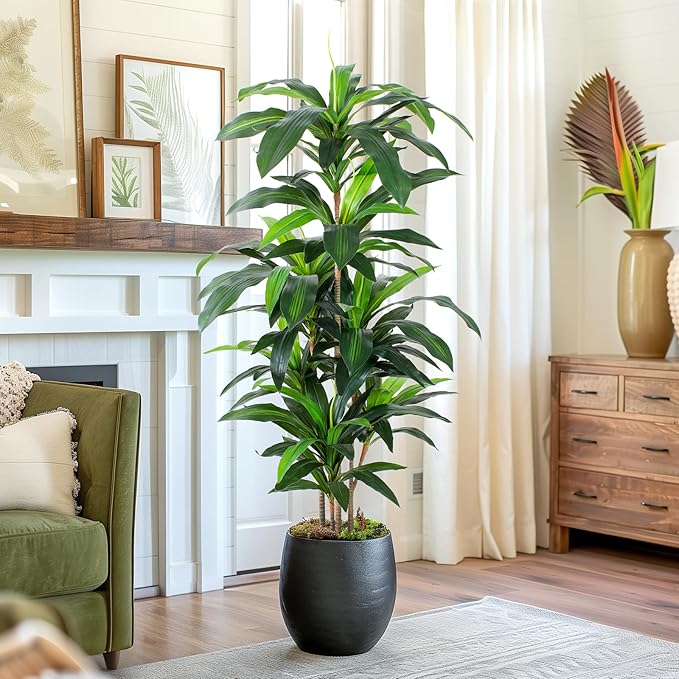 5 FT Dracaena Tree Artificial, Fake Tree with Plastic Pot, Faux Tropical Yucca Floor Plant Lifelike Foliage and Branches, Artificial Plants Indoor for Home Office Living Room Decor Indoor