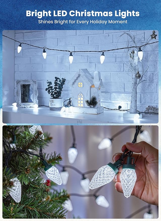C9 LED Christmas Lights Outdoor, 81 Feet 100 LED String Light with Timer & 8 Lighting Mode, Waterproof Commercial Grade Christmas Tree Lights for Outside Indoor Roofline Patio, Pure White|2 Pack