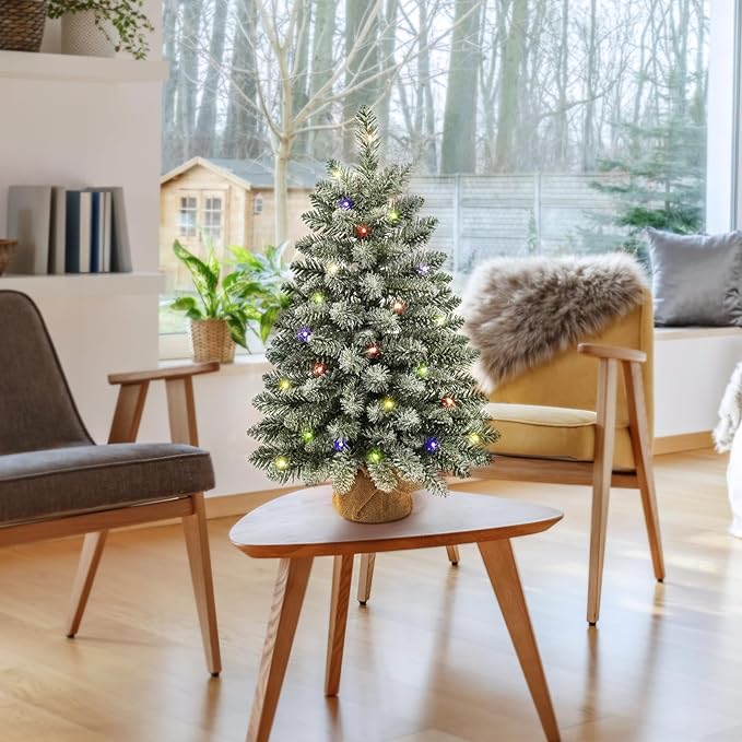 2 ft Mini Christmas Trees with 25 F5 LED Lights, 24" Decorated Burlap Artificial Tabletop Christmas Trees Home Party Decoration for Kitchen Dining Room Window