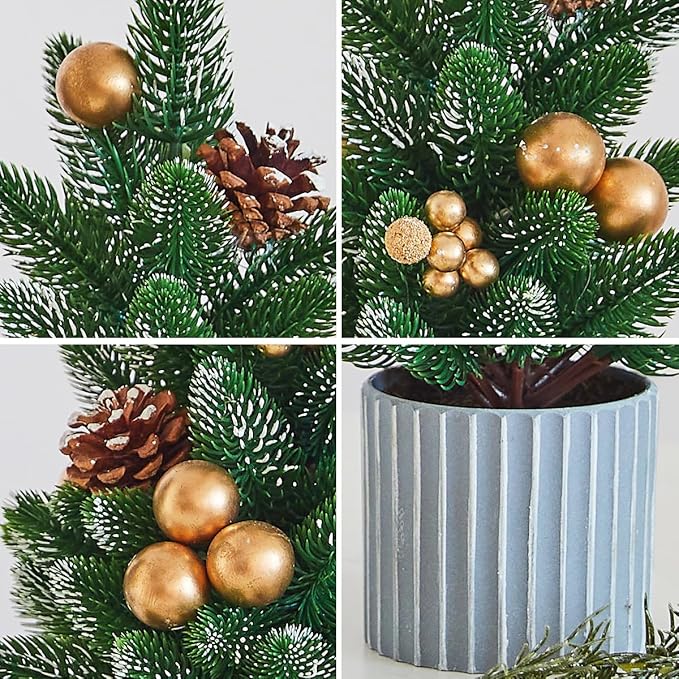 Classic Small Christmas Tree Table Decor - Mini Tabletop Artificial Tree Indoor Christmas Holiday Centerpiece for Desktop Home Office Bedroom Decor Gift(Gold Pine)