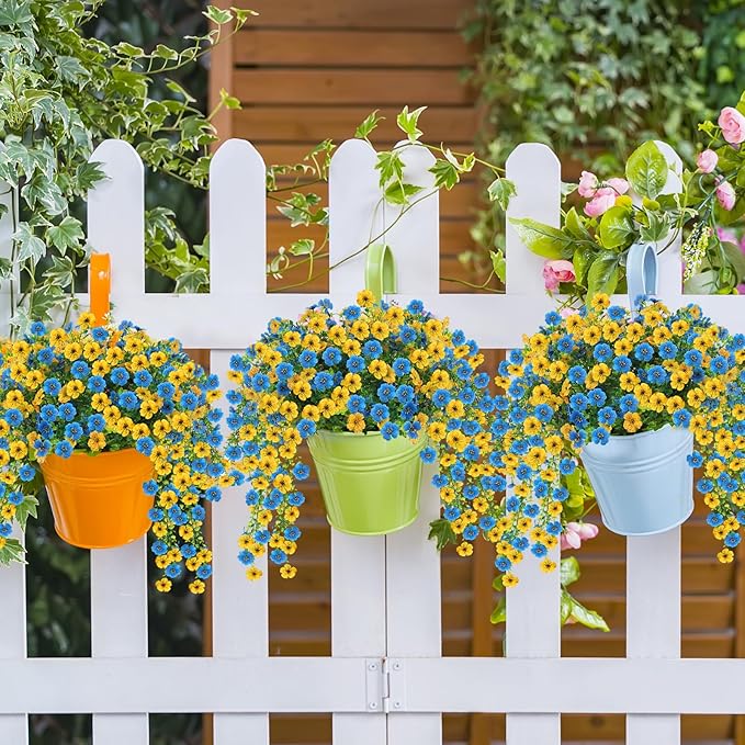 Artificial Flowers for Outdoors 6PCS，All Weather Fade Proof, UV Resistant Waterproof Realistic Faux Silk Mums Daisies Blue & Yellow for Hanging Planters Porch Patio Balcony Deck Fence Garden Decor