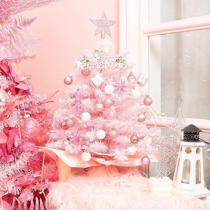 XmasExp 20in Mini Christmas Tree with Lights Pink Small Christmas Tree Artificial Tabletop Xmas Decor Holiday Decoration for Home, Office, Party
