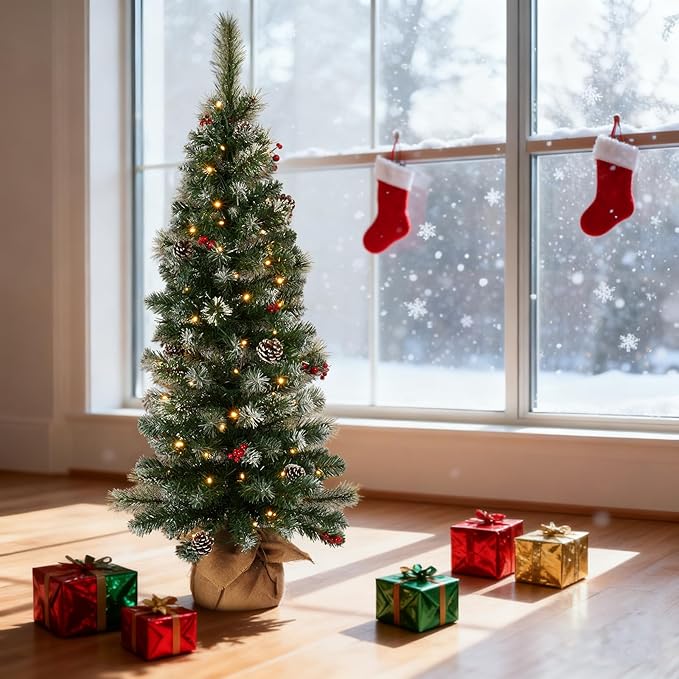 4ft Prelit Christmas Tree, Small Artificial Christmas Tree w/ 70 Warm White Lights, 122 Branch Tips, Easy Assembly, Xmas Decoration for Home, Office, Porch, Entryway, Holiday Party