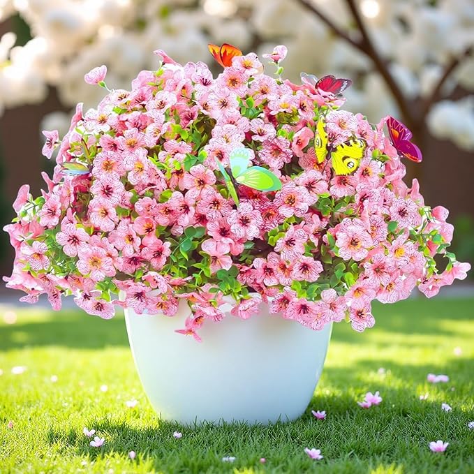 20 Bundles Artificial Flowers for Outdoors‌ with 6 Faux Butterflies, UV Resistant Fake Flowers‌ with Eucalyptus Leaves, Artificial Plants Outdoor‌ for Patio Garden Porch Home Decor (Pink)