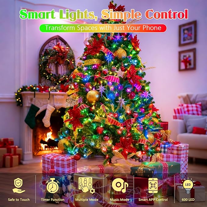 188FT 600LED Smart Color Changing Christmas String Lights Outdoor | App Control RGB LED String Lights with Remote & Timer, Waterproof Twinkle Christmas Tree Lights Indoor for Holiday Xmas Decor