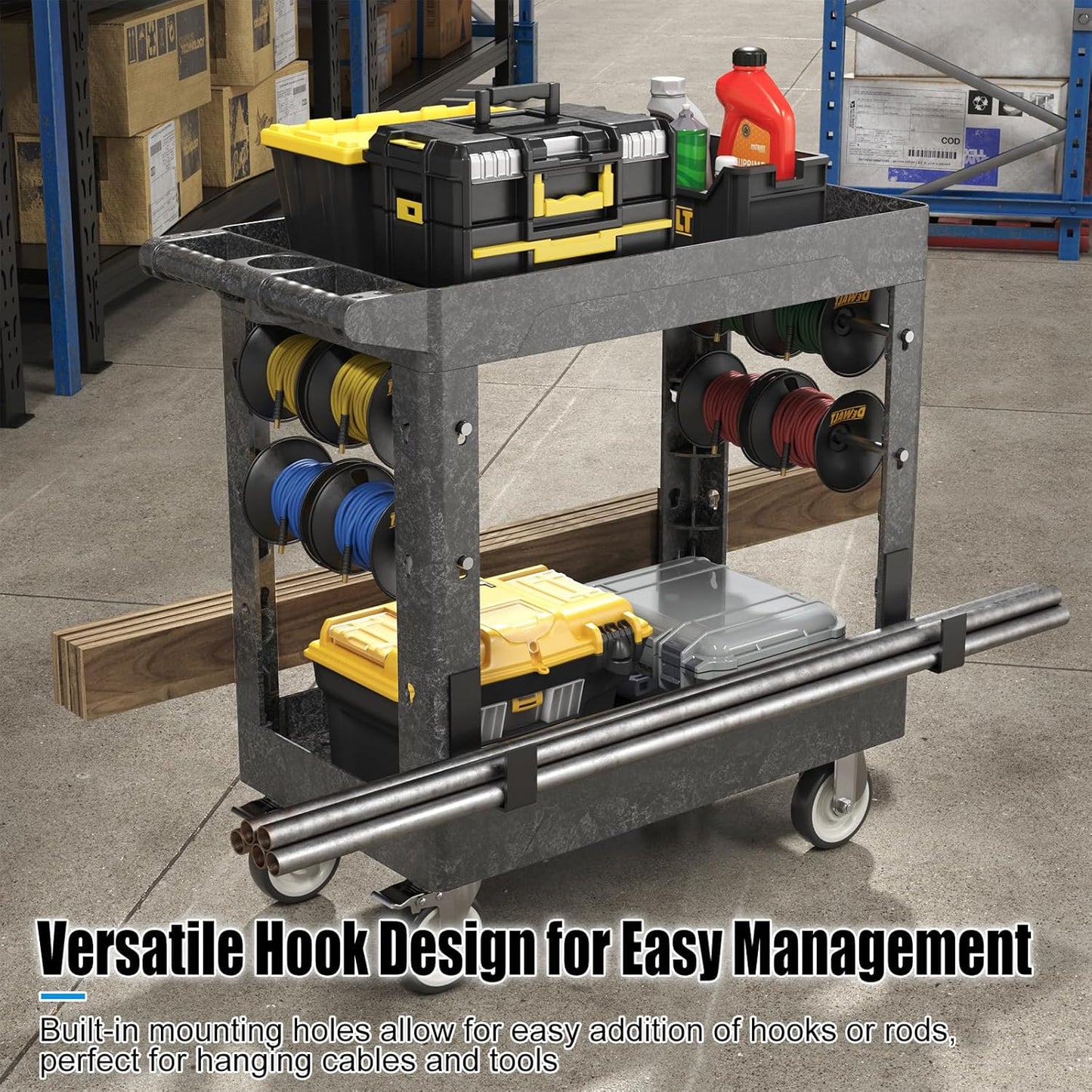 Large Garage Plastic Utility Cart, Heavy Duty 2 Shelf Tool Cart Service Cart Rolling Push Carts with Ergonomic Handle 5" Swivel Casters.