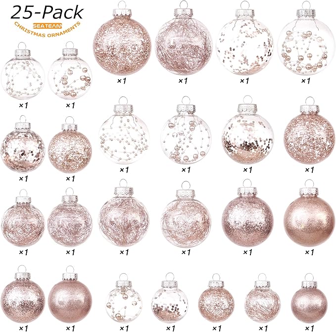 Sea Team Multi-Size Shatterproof Clear Plastic Christmas Tree Ball Ornaments Set, Decorative Hanging Transparent Xmas Baubles with Stuffed Delicate Decorations (25 Counts, Rose Gold)