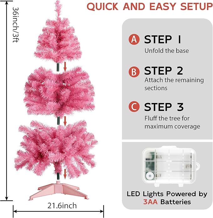 Pink 3ft Christmas Tree with Lights, Small 36inch Artificial Tree Mini Table Top Decorations, Xmas Desk Tree with 80 Colored Lights, 200 Branch, Holiday Decor for Home,Indoor Office Tabletop