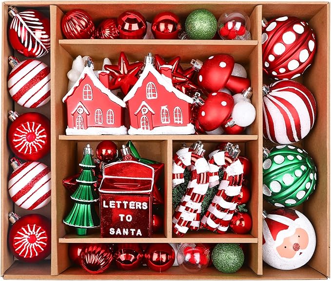 SHareconn 80ct Christmas Balls Ornaments Set, Shatterproof Plastic Colorful Xmas Decorative, Baubles for Tree Decorations with Hanging Strings, Red, Green & White