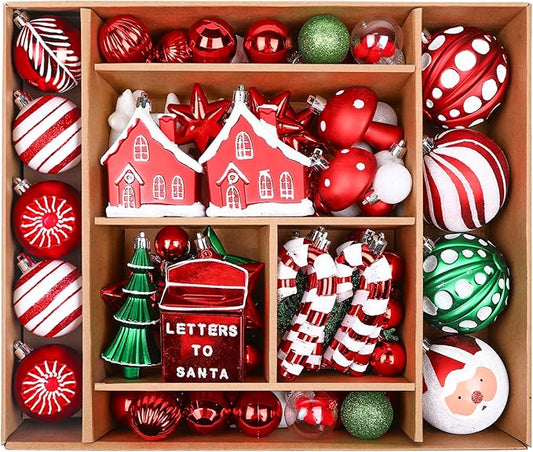 SHareconn 80ct Christmas Balls Ornaments Set, Shatterproof Plastic Colorful Xmas Decorative, Baubles for Tree Decorations with Hanging Strings, Red, Green & White