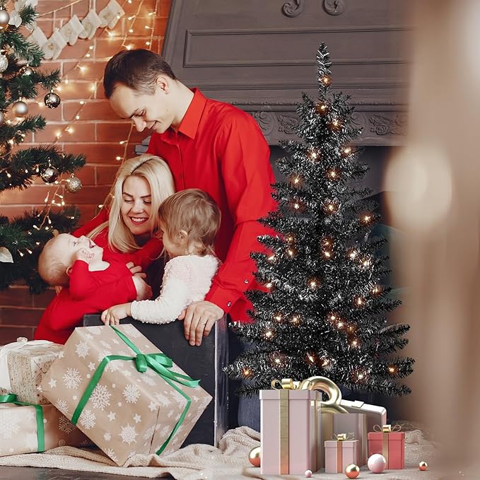 4ft Artificial Full Black Christmas Tree with Separate Lights, Not Pre-lit Mini Black Tinsel Pine Christmas Tree, 50 Lights, Small Xmas Tree for Home, Office, Party Decoration, Indoor