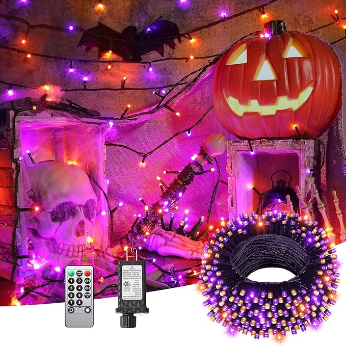 125 FT 380 LED Halloween String Lights, Outdoor Waterproof Black Wire with 8 Modes, Timer & Memory, Plug-in Halloween String Lights for Indoor Yard Tree Decorations, Purple & Orange