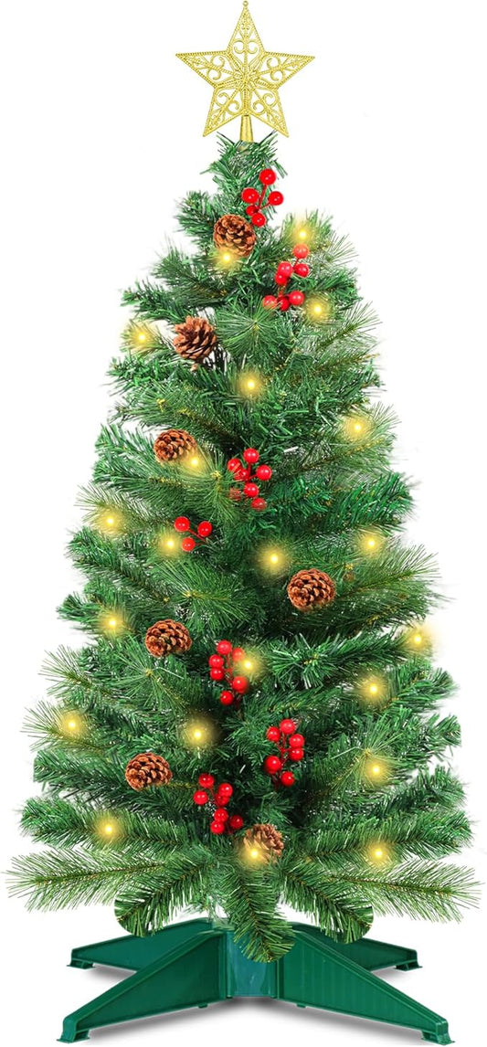 3 Ft Artificial Christmas Tree with Pine Needle Acorn Red Berries 8 Modes Timer 50 Warm White Lights Battery Operated Small Xmas Full Tree for Home Indoor Office Tabletop Holiday Decorations