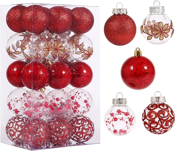 60mm/2.36inch Clear Christmas Ball Ornaments Set, 30 ct Red Christmas Ornaments Balls for Christmas Tree Decorations Shatterproof Transparent Baubles with Delicate Stuffed Decoration for Wedding Party
