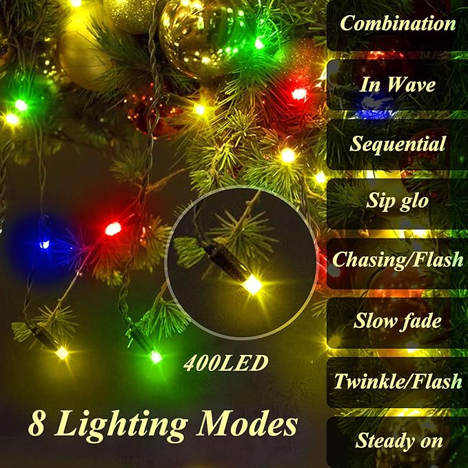 aneeway 400 LED Christmas Tree Lights, Christmas Lights with 8 Light Modes & Memory Function, 6.6FT x 16 String Light with Timing Function & Remote Control for Xmas Ornaments - Multicolor