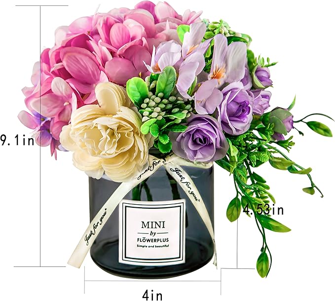 Artificial Rose Flower Bouquet Set, Hydrangea Hand Bouquet and vase, Ins Style Artificial Flower Set（Purple）
