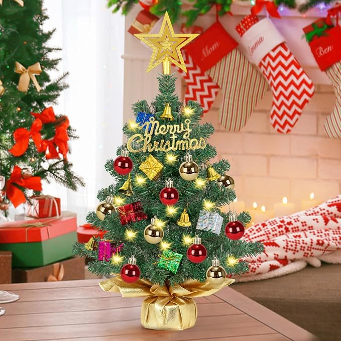 [ Timer & 8 Modes] 24 Inch Realistic Tabletop Christmas Tree with 50 Warm White Lights Star Treetop and Ornaments Small Small Artificial Christmas Tree for Indoor Home Table Christmas Decorations