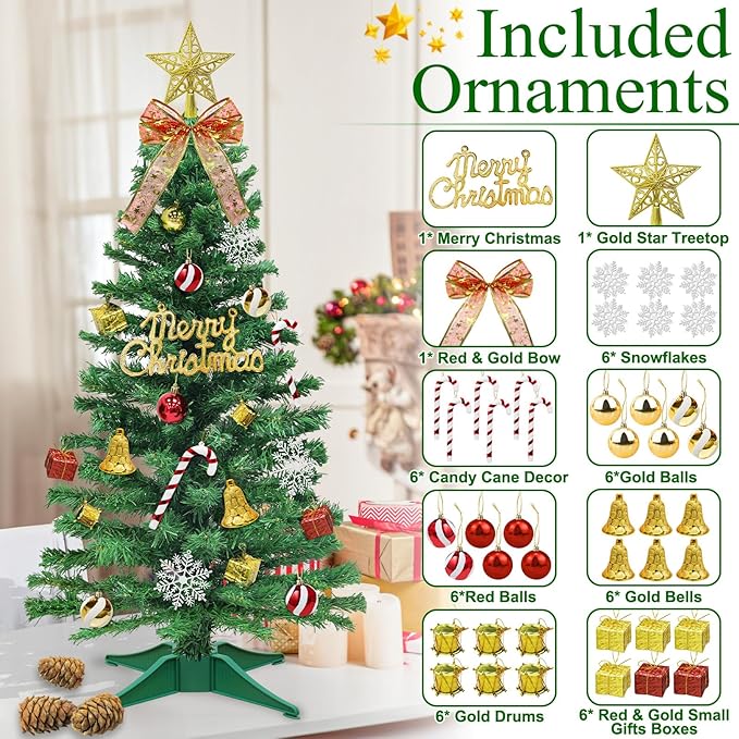 Dual Color Change 3Ft Small Christmas Tree with Timer Remote, 8 Modes 50 Warm White&Colorful Change Lights, 3D Star&44 Ornaments, Battery Operated, Mini Christmas Tree Table Indoor Holiday Party Decor