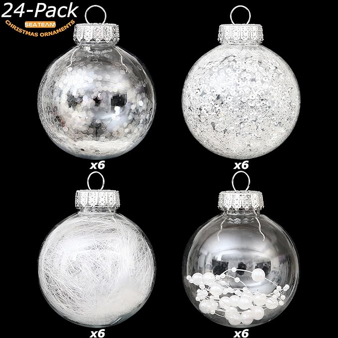 Sea Team 70mm/2.76" Shatterproof Clear Plastic Christmas Ball Ornaments Decorative Xmas Balls Baubles Set with Stuffed Delicate Decorations (24 Counts, White)