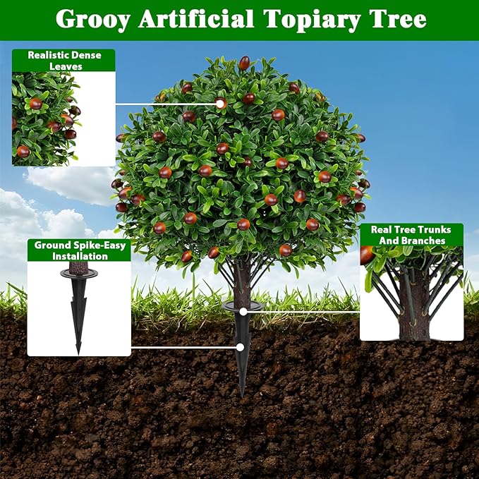 Artificial Boxwood Topiary Tree with Olive, Set of 2 Artificial Shrub Bushes with Ground Spike, Fake Evergreen Tree for Porch, Artificial Plants for Outdoor Planters Indoor UV Resistant