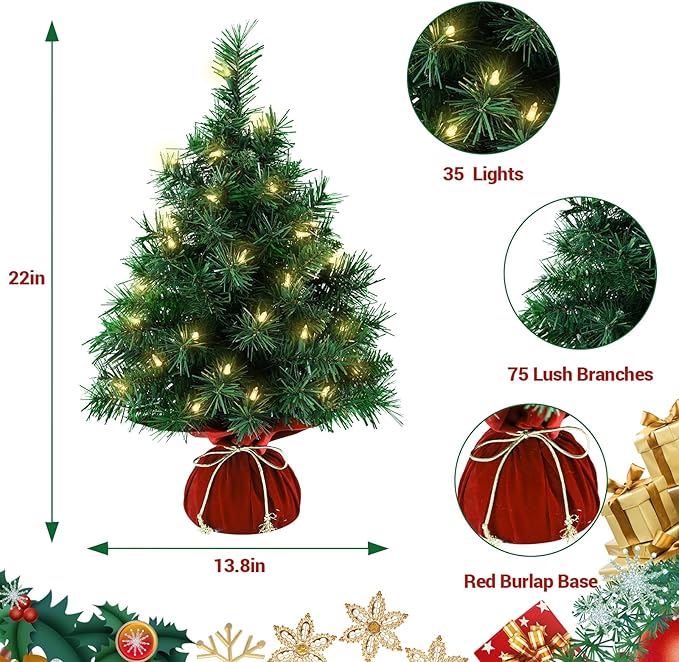Tabletop Mini Christmas Tree 22 Inch - Mini Artificial Christmas Tree with 35 Warm White Lights, 75 Branch Tips & Red Cloth Bag Base, Perfect DIY Christmas Decorations, Green