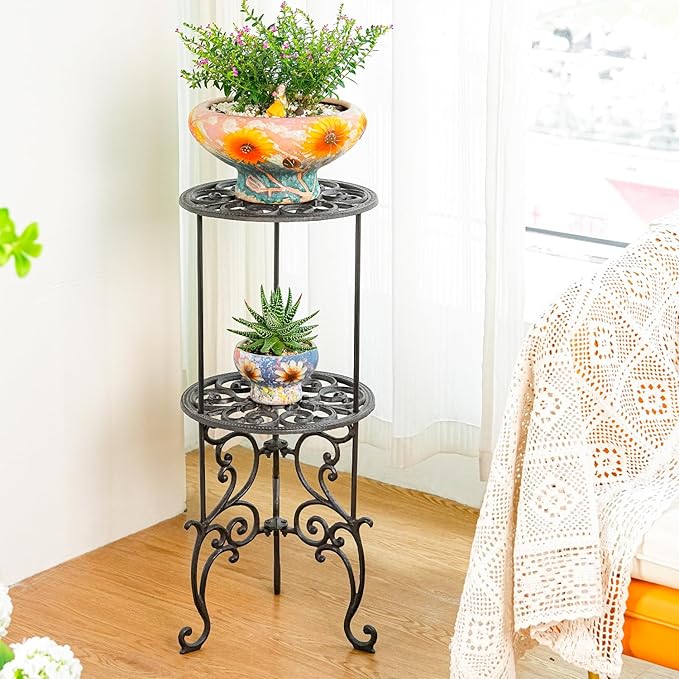 Sungmor Heavy Duty Cast Iron Potted Plant Stand,26-Inch 2 Tiers Metal Planter Rack,Decorative Flower Pot Holder,Vintage & Rustic Style Indoor Outdoor Garden Pots Container Supports