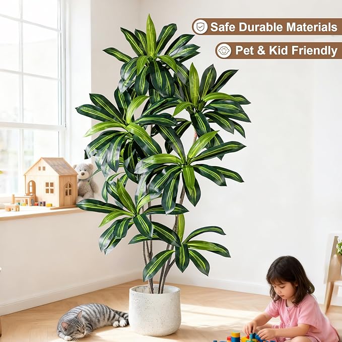 Artificial Dracaena Plant 6FT - Realistic Fake Dracaena Tree Tall Large Faux Silk Plants Fake Floor Potted Artificial Plants for Home Decor, Office Plants