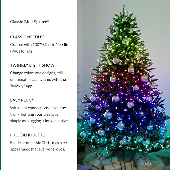 Balsam Hill 7.5 ft Pre-Lit Classic Blue Spruce - Artificial Christmas Tree with 540 Twinkly Lights, Easy Plug Technology, Premium Stand for Indoor Holiday Decorating