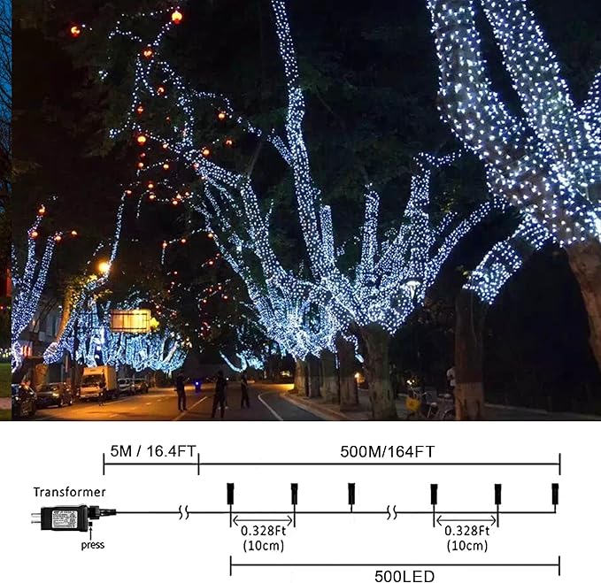weillsnow 164 FT 500 LED Christmas Lights Outdoor, Waterproof Christmas Fairy Lights with Timer, Plug in White LED String Lights with 8 Modes for Bedroom Wedding Party Xmas Decoration
