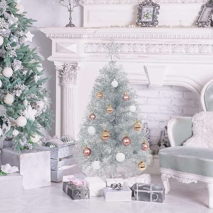 Sunshine Silver Christmas Tree with Light 3ft Artifical Full Christmas Tree with Ball & Star Ornaments 8 Lighting Modes for Holiday Decor