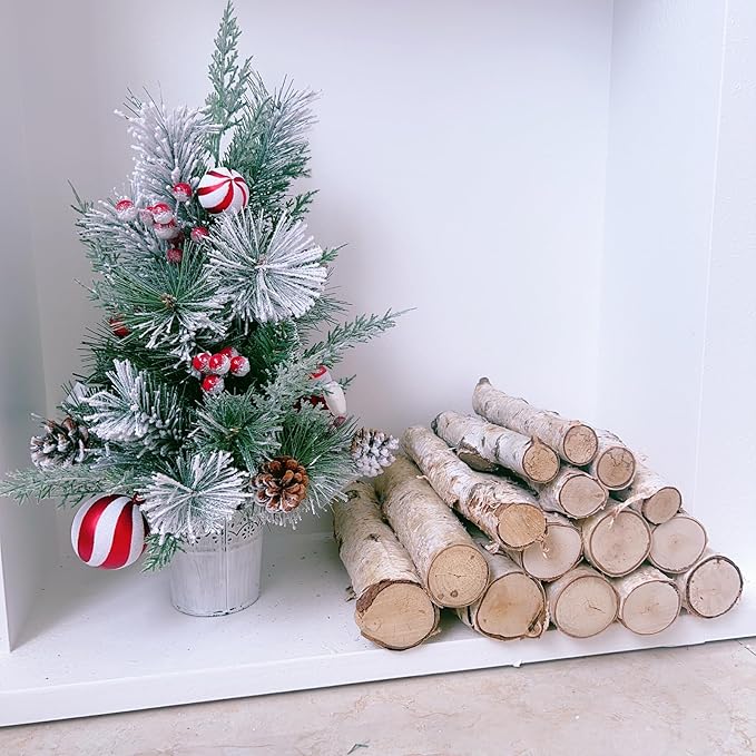 Tabletop Christmas Tree with Snow and Red White Balls for Home Decoration, Small Xmas Desk Tree for Indoor Outdoor, Red Berries Pinecone Small Tree