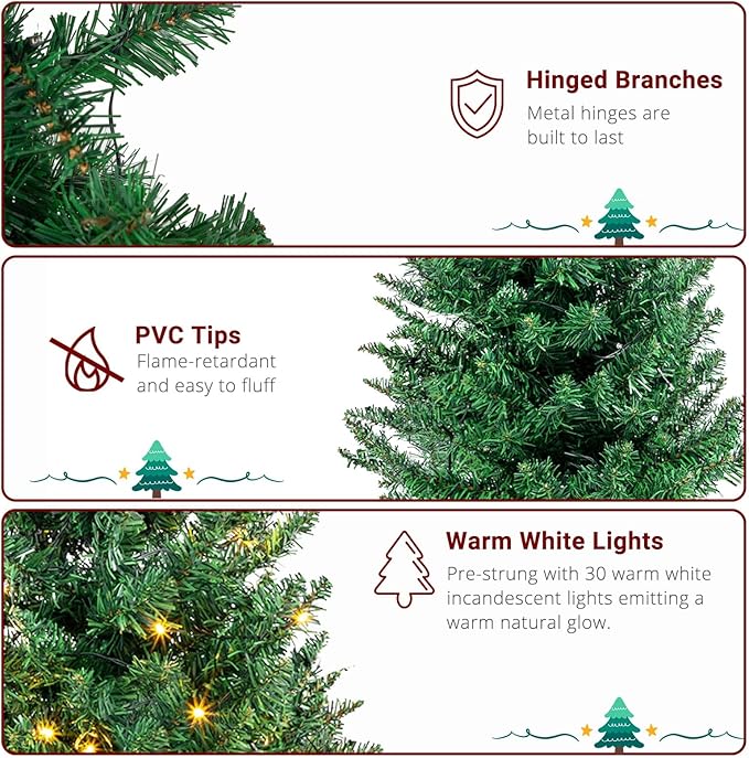 3FT Green Christmas Tree with Santa Claus Decoration, Pre-Lit Artificial Mini Christmas Tree with 30 Warm White Lights, Skinny Xmas Tree Include 129 Branches, Metal Stand, for Indoor Outdoor Decor