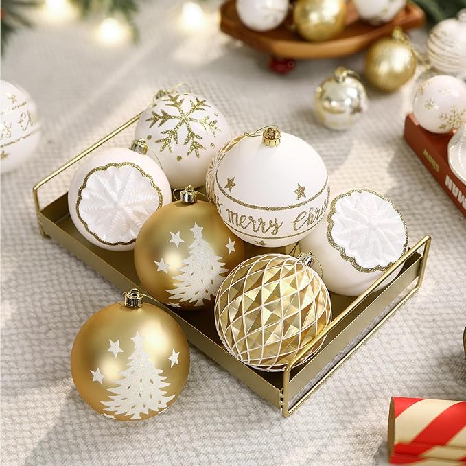 SHareconn 100MM/4 Inch 9PCS Large Christmas Balls Ornaments, Shatterproof Plastic Hanging Big Baubles Set for Xmas Tree Decoration Holiday Party Wedding Decorations with Hook,Gold and White