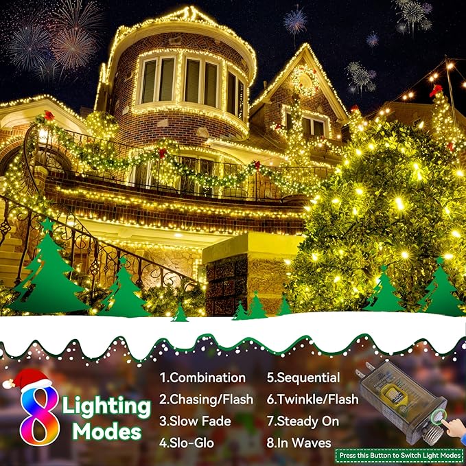 Heceltt Christmas Lights Outdoor, 403FT 1000 LED String Lights 8 Modes and Timer Memory Function Twinkle Fairy Lights IP44 Waterproof Plug in for Xmas Tree Wedding Party Holiday Decor(Warm White)