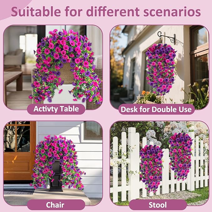 Rich and Eye-catching 5 PCS Artificial Hanging Flowers，Silk Morning Glory Faux Flowers with Eucalyptus Leaves,uv Resistant Fake Hanging Petunias Plants for Yard Decoration(Purple Red)