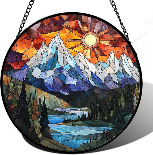 Stained Glass Window Hanging - Colorful Mountain Lake Landscape Sun Catcher for Door Garden Home Decor Suncatcher Christmas Mother's Day Birthday Gifts for Women Men Mom Nana 15 in