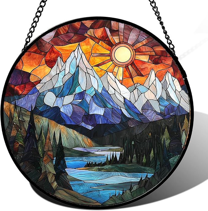 Stained Glass Window Hanging - Colorful Mountain Lake Landscape Sun Catcher for Door Garden Home Decor Suncatcher Christmas Mother's Day Birthday Gifts for Women Men Mom Nana 11.8 in
