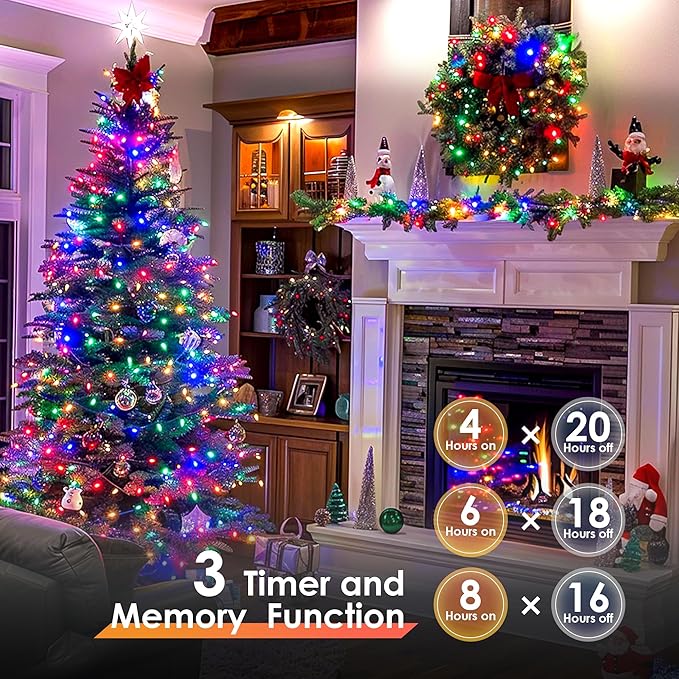 Christmas Lights 600 LED 196FT, IP67 Waterproof Christmas Tree Lights with 8 Modes, Outdoor String Lights with Timers & Memory Function, Xmas Light for Holiday Decor (Multicolored)
