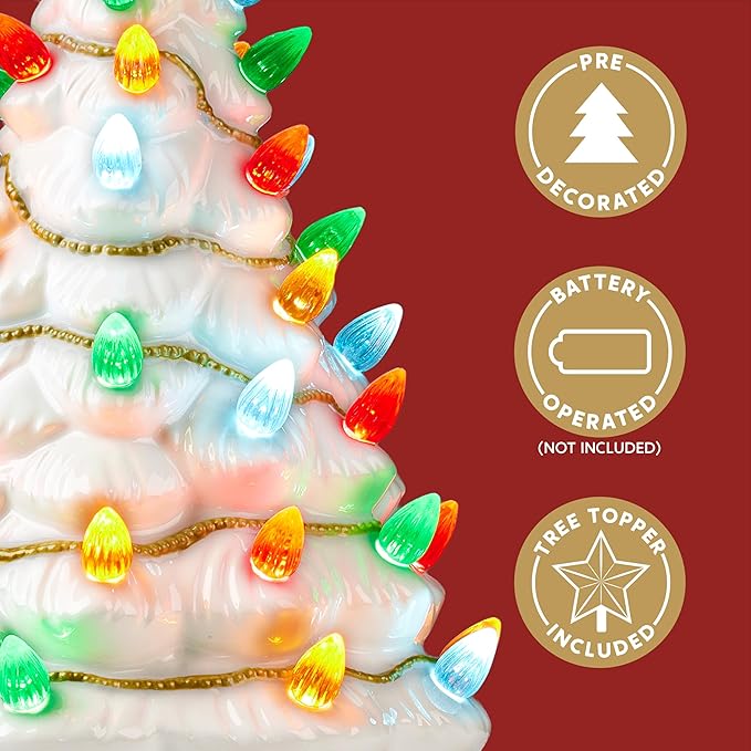 JOIEDOMI 12” White Christmas Ceramic Tree, Light up Tabletop Xmas Tree with 49 LED Lights, Ceramic Decor with Christmas Design, Xmas Holiday Indoor Office Table Centerpiece Decoration