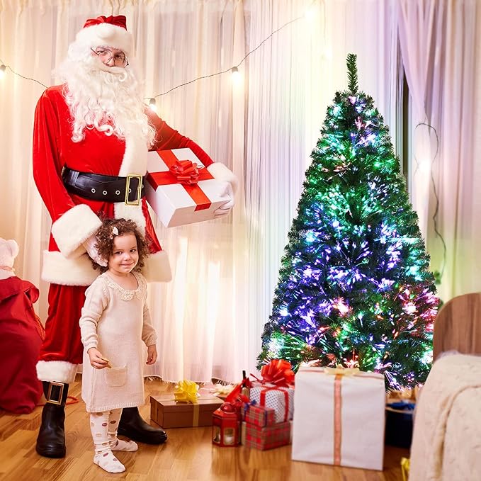 HAPPYGRILL 5FT Pre-lit Fiber Optic Christmas Tree with 449 Branch Tips, New PVC Leaves, Life-Like Artificial Xmas Tree with Folding Metal Stand