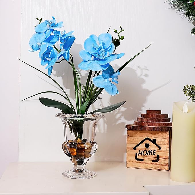 Jusdreen Artificial Blue Orchid in Glass Vase, Realistic Phalaenopsis Arrangement with Potting for Home Office Table Decor, 14.5 Inch Orchid Centerpiece